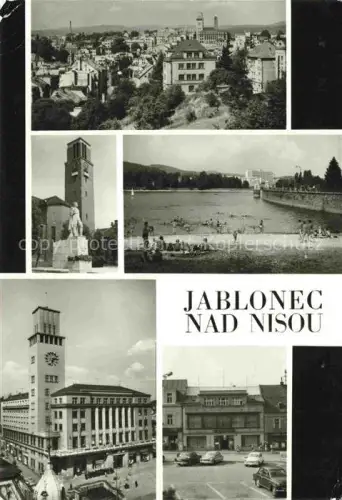 AK / Ansichtskarte JABLONEC  NAD NISOU Gablonz Neisse CZ Stadtpanorama Rathausturm Denkmal Badestrand See Rathaus Marktplatz Autos
