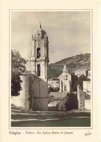 AK / Ansichtskarte Cargese Ajaccio 2A Corse-du-Sud Eglise-Latine Eglise-Grecque Kirchturm Glockenturm Berge Dorf