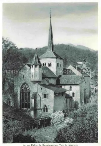 AK / Ansichtskarte Romainmotier Orbe VD Romanische-Abteikirche Vue-du-nord-est Kirchturm Apsiden Huegel Baeume Dorf