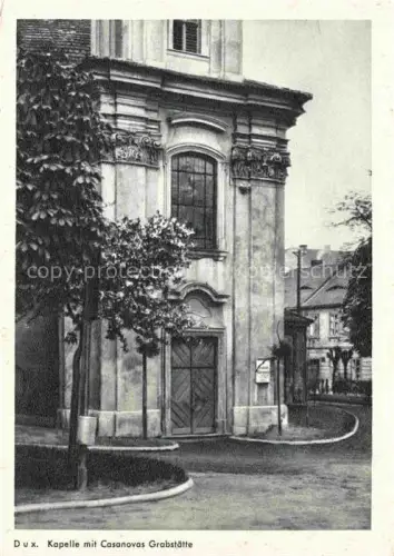 AK / Ansichtskarte Dux Sudeten Duchcov CZ Kapelle Casanova-Grabstaette Barock Fassade Baum Strasse Sudetenland