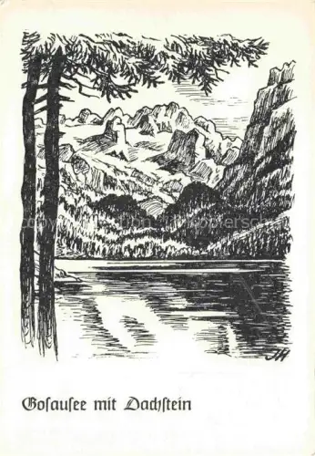 AK / Ansichtskarte Gosausee Gosau Salzkammergut AT See Dachstein Berge Wald Zeichnung Nadelbaeume Linolschnitt Kuenstlerkarte