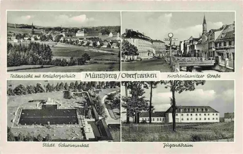 AK / Ansichtskarte Grund Muenchberg Kreuzbergschule Kirchenlamitzer-Strasse Schwimmbad Jugendheim Ortsansicht Oberfranken