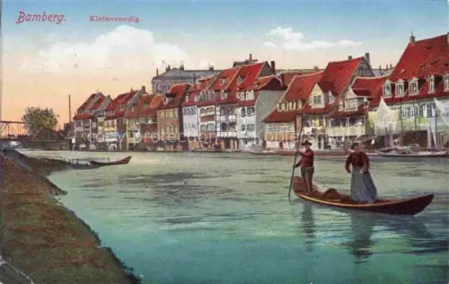 AK / Ansichtskarte BAMBERG Bayern Kleinvenedig Regnitz Fachwerkhaeuser Stocherkahn Gondel Uferzeile Passanten