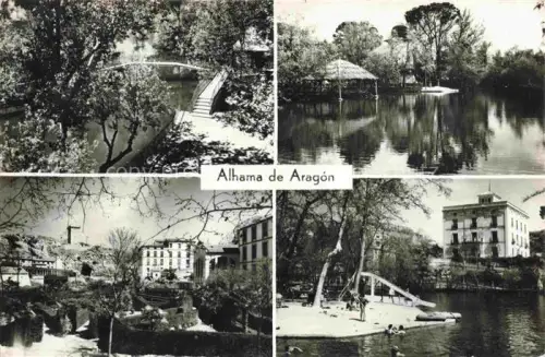 AK / Ansichtskarte Alhama de Aragon Saragosss Entrada al lago Casita de Corcho Castillo Puente del Ferrocarril Playa