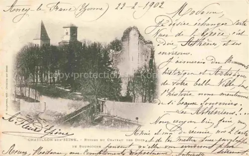 AK / Ansichtskarte Chatillon-sur-Seine Montbard 21 Cote-d Or Ruines-du-Chateau-des-Ducs-de-Bourgogne Kirchturm Ruinen Mauern Baeume Burg