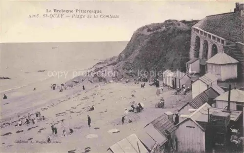 AK / Ansichtskarte Saint-Quay-Portrieux 22 Cotes-d Armor Plage-de-la-Comtesse Strand Strandkabinen Klippen Badegaeste Bogen Treppe Meer