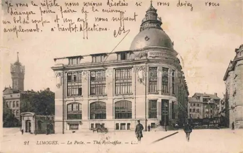 AK / Ansichtskarte LIMOGES 87 Haute-Vienne La-Poste Post-Office Jugendstil-Gebaeude Kuppel Passanten Kirchturm Postgebaeude