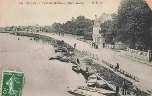 AK / Ansichtskarte Juvisy-sur-Orge Palaiseau 91 Essonne Quai-Gambetta Rive-droite Ruderboote Hotel-Restaurant-Bénard Uferpromenade Baeume Fluss Passanten