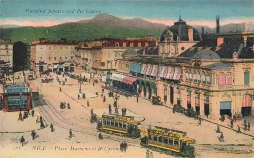 AK / Ansichtskarte Vieux NICE Place-Masséna Casino Strassenbahn Tram Passanten Berge Stadtplatz Geschaefte