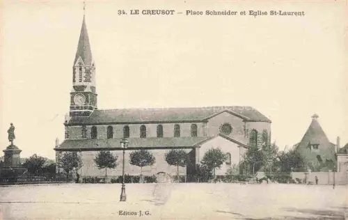 AK / Ansichtskarte Le Creusot AUTUN 71 Saone-et-Loire Place-Schneider Eglise-Saint-Laurent Kirchturm Kirchplatz Baeume Statue Laternen