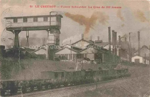 AK / Ansichtskarte Le Creusot AUTUN 71 Saone-et-Loire Usines-Schneider La-Grue-de-100-tonnes Kran Industrie Schornsteine Gleise Fabrik handkoloriert