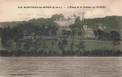 AK / Ansichtskarte Montceau-les-Mines Montceaux-l Etoile Charolles 71 Saone-et-Loire Étang-du-Plessy Château-du-Plessy See Schloss Turm Baeume Wiese Huegel Handkoloriert