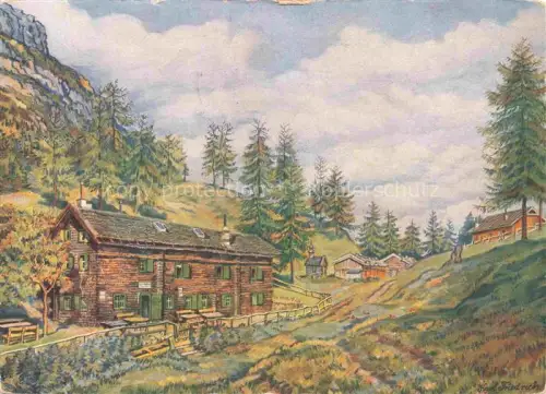 AK / Ansichtskarte Neue-Magdeburger-Huette 1653m Karwendel Schwaz Tirol AT Neue-Magdeburger-Huette Grosser-Solstein Karwendel Berghuette Almhuetten Tannen Berglandschaft Gemaelde