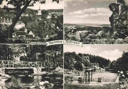 AK / Ansichtskarte Marienberg Erzgebirge Sachsen Europahaus Kleiner-Wolfstein Nistertal Bruecke Schwimmbad Kneipp-Luftkurort Mehrbildkarte
