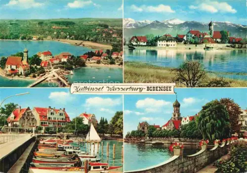 AK / Ansichtskarte Gross Wasserburg Halbinsel Schloss Kirche Hafen Segelboote Hafenpromenade Bodensee Berge Luftaufnahme