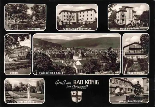 AK / Ansichtskarte Bad Koenig Odenwald Hessen Kurpark Odenwald-Sanatorium Haus-Bodmann Schloss Haus-Waldeck Wasserspiele Grosser-Brunnen Ortsansicht