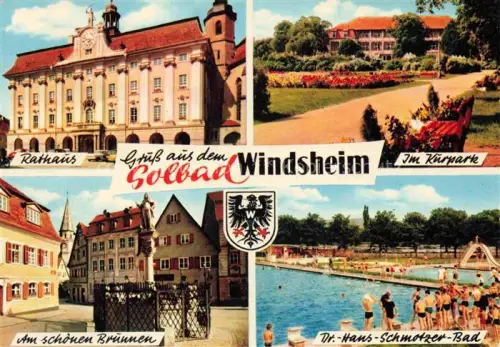 AK / Ansichtskarte Bad Windsheim Bayern Rathaus Kurpark Schoener-Brunnen Dr-Hans-Schmotzer-Bad Freibad Wappen Solbad