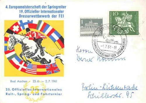 AK / Ansichtskarte AACHEN NRW Europameisterschaft-der-Springreiter Dressurwettbewerb-FEI Internationales-Reit-Spring-und-Fahrturnier Sonderstempel Springreiten Internationale-Flaggen