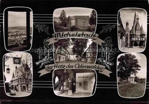 AK / Ansichtskarte Michelstadt Odenwald Hessen Rathaus Burg Fachwerkhaus Panorama Odenwald Eiche Keller Strassenszene