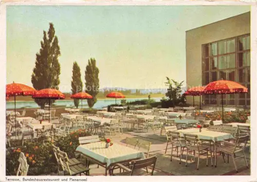 AK / Ansichtskarte Lessenich BONN Bundeshausrestaurant Plenarsaal Terrasse Sonnenschirme Rhein Tische Stuehle Restaurant