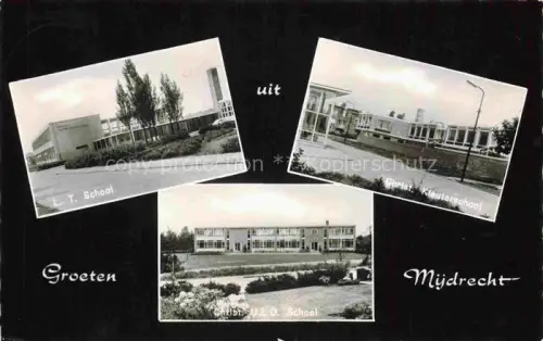AK / Ansichtskarte Mijdrecht Utrecht NL L-T-School Christ-Kleuterschool Christ-U-L-O-School Schulgebaeude Modernbau Groeten-uit