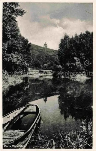 AK / Ansichtskarte PORTA WESTFALICA NRW Kaiser-Wilhelm-Denkmal Weser Boot Seerosenteich Wald Huegel Spiegelung