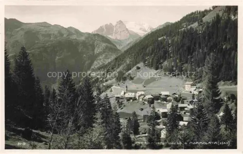 AK / Ansichtskarte Andraz Ruine Buchenstein Livinallongo Veneto IT Andraz Dorf Kirchturm Marmolata Dolomiten Bergtal Wald Wiesen