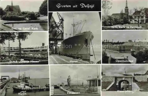 AK / Ansichtskarte Delfzijl Delfzyl Groningen NL Haven N.H.-Kerk-Farmsum Geref.-Kerk DNS-Oranje-Nassau Zeesluizen Waterpoort Openluchtbad Schiff