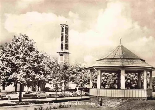 AK / Ansichtskarte Haan Rheinland Parkanlage Pavillon Kirche Kirchturm Gartenstadt Autos Baeume Rasen