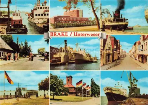 AK / Ansichtskarte Brake Unterweser Wesermarsch Niedersachsen Weserpartie Schlepper Frachter Hafen Pielrege Faehre Kran Strasse Mehrbildkarte
