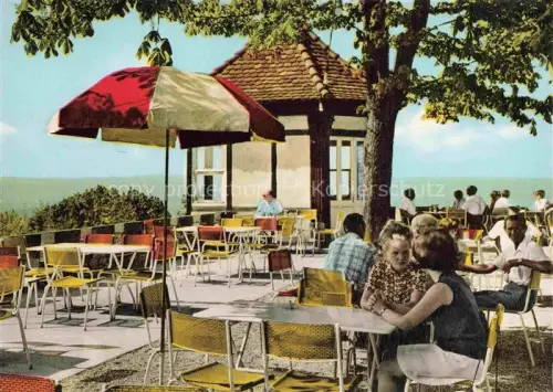 AK / Ansichtskarte Durlach Karlsruhe Baden BW Burghof Terrasse Rheinebene Sonnenschirm Gaeste Restaurant Panorama Baeume Turmberg