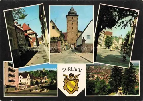 AK / Ansichtskarte Durlach Karlsruhe Baden BW Stadttor Turm Altstadt-Gasse Fussgaengerzone Stadtpanorama Bergbahn Wohngebiet Wappen Mehrbildkarte