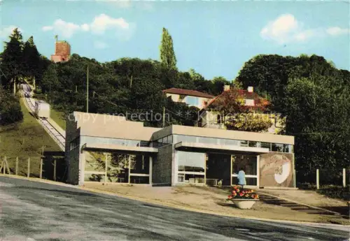 AK / Ansichtskarte Durlach Karlsruhe Baden BW Turmberg Burghof Standseilbahn Hoehengaststaette Rheinebene Bergbahn Terrasse Wald Moderngebaeude