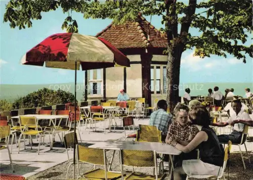 AK / Ansichtskarte Durlach Karlsruhe Baden BW Turmberg Burghof Terrasse Rheinebene Gaeste Sonnenschirm Pavillon Gaststaette Ausblick