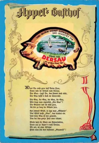 AK / Ansichtskarte Dersau Ploen Schleswig-Holstein Ploener-See Gasthof-Appel Pension Segelboot Schweinmotiv Humor Werbekarte Liegewiese