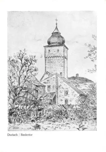 AK / Ansichtskarte Durlach Karlsruhe Baden BW Baslertor Stadttor Turm Zwiebeldach Zinnen Stadtmauer Baeume Zeichnung