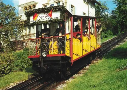 AK / Ansichtskarte Durlach Karlsruhe Baden BW Turmbergbahn Zahnradbahn Jubilaeum 75-Jahre Wagen-1 Fahrgaeste Maschinenfabrik-Esslingen Festschmuck