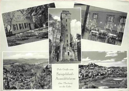 AK / Ansichtskarte MARBURG  LAHN Spiegelslust-Aussichtsturm Waldgaststaette Bergturm Stadtpanorama Lahn Innenraum Biergarten