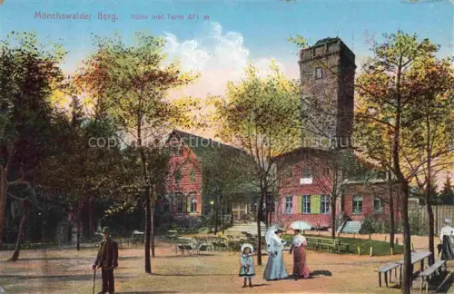 AK / Ansichtskarte Moenchswalder Berg Wilthen Bautzen Sachsen Moenchswalder-Berg Aussichtsturm Bergwirtschaft Biergarten Tracht Baeume Turm handkoloriert