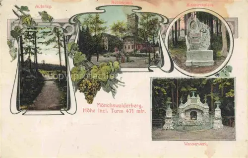 AK / Ansichtskarte Moenchswalder Berg Wilthen Bautzen Sachsen Moenchswalder-Berg Aufstieg Restaurant Bismarckstein Wasserwerk Turm Jugendstil Mehrbildkarte handkoloriert