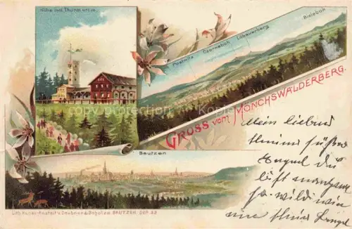 AK / Ansichtskarte Moenchswalder Berg Wilthen Bautzen Sachsen Moenchswalder-Berg Aussichtsturm Bergwirtschaft Bautzen Bieleboh Czorneboh Loebauerberg Panorama Jugendstil Mehrbildkarte