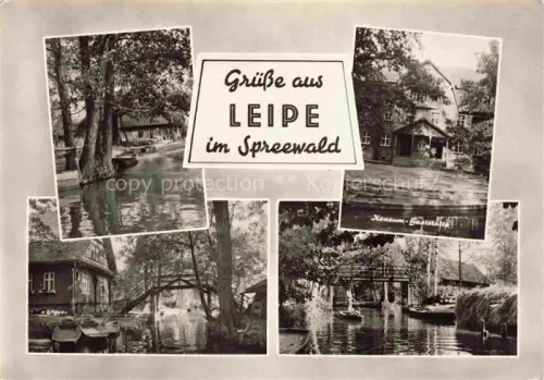 AK / Ansichtskarte Leipe Luebbenau Spreewald Brandenburg Spreewald Kahnfahrt Kaehne Kanal Konsum-Gaststaette Bruecke Erlenwald Mehrbildkarte Sorbisch
