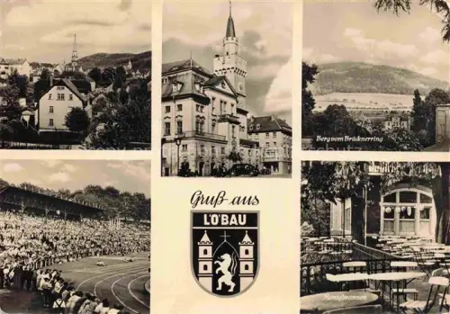 AK / Ansichtskarte Loebau Sachsen Rathaus Stadtpanorama Berg-vom-Bruecknerring Stadion Sportfest Honigbrunnen Stadtwappen Mehrbildkarte