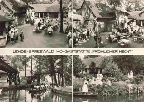 AK / Ansichtskarte Lehde Luebbenau Spreewald Brandenburg Spreewald HO-Gaststaette-Froehlicher-Hecht Biergarten Kahnfahrt Sorbische-Tracht Kahn Kanal Mehrbildkarte