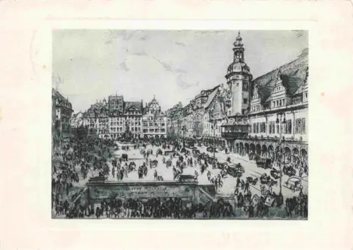 AK / Ansichtskarte LEIPZIG Sachsen Markt Altes-Rathaus Reichsmesseamt Renaissance-Bauten Alte-Waage Marktplatz Pferdewagen Strassenbahn Kunstdruck Radierung