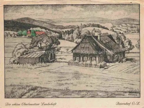AK / Ansichtskarte Beiersdorf Loebau Oberlausitz Sachsen Oberlausitzer-Landschaft Umgebindehaus Bauernhof Huegel Felder Wald Zeichnung Handkolorierung