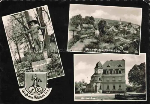 AK / Ansichtskarte Wilthen Sachsen Pumphut-Hexenmeister Moenchswalder-Berg Aue Folklorefigur Wappen Villengebaeude Mehrbildkarte