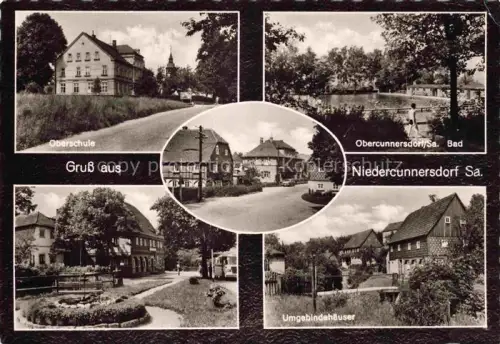AK / Ansichtskarte Niedercunnersdorf Goerlitz Sachsen Oberschule Freibad Dorfplatz Umgebindehaeuser Kuranlage Sachsen