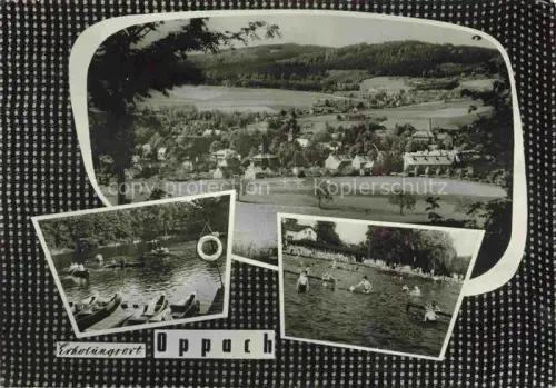 AK / Ansichtskarte Eichen Oppach Panorama Kirchturm Dorfansicht Teich Ruderboote Freibad Schwimmbad Erholungsort