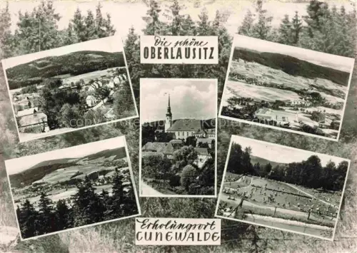 AK / Ansichtskarte Cunewalde Bautzen Sachsen Erholungsort Kirche Kirchturm Freibad Dorfansicht Landschaft Wald